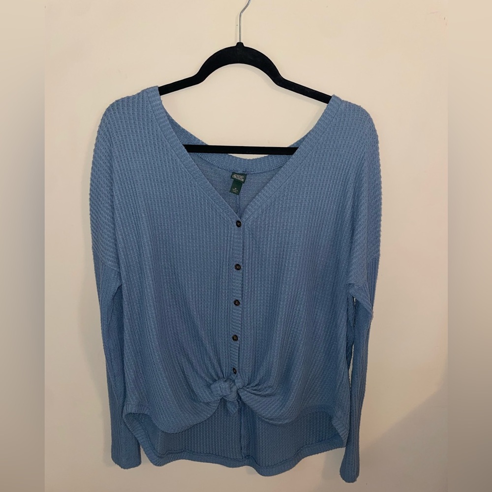 Blue Button Down Sweater Top with Tie Bottom